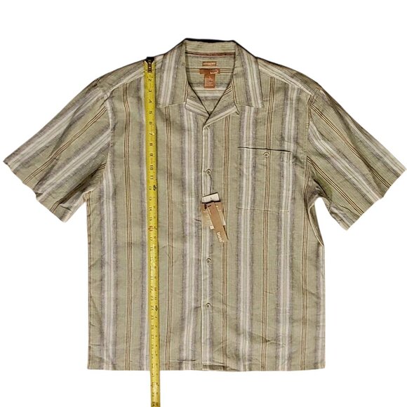 Bruno 100% Washable Linen Short Sleeve Striped Sage Green Button Front Shirt NEW - Picture 6 of 11